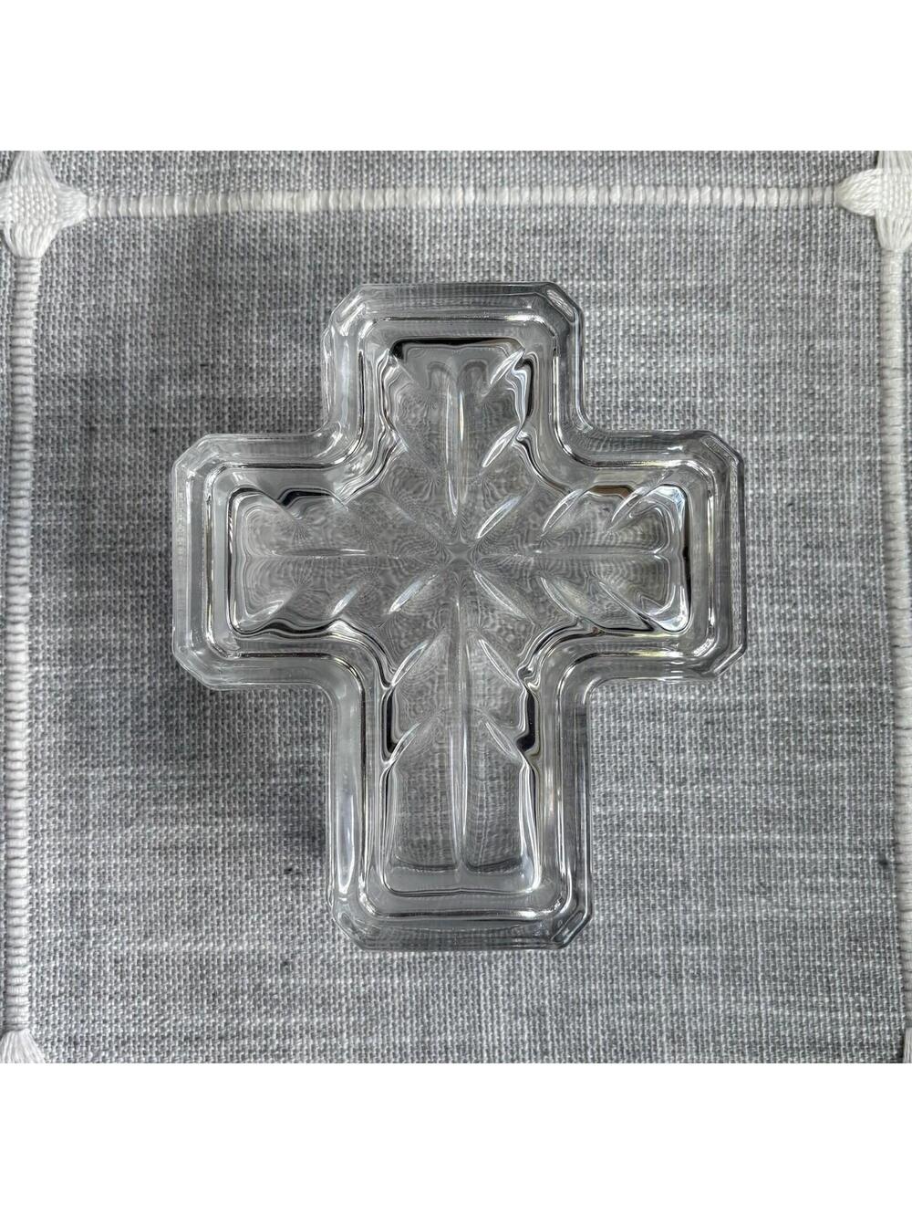 Vintage Clear Glass Cross Shaped Trinket Box w/ Lid Religious Keepsake Decor